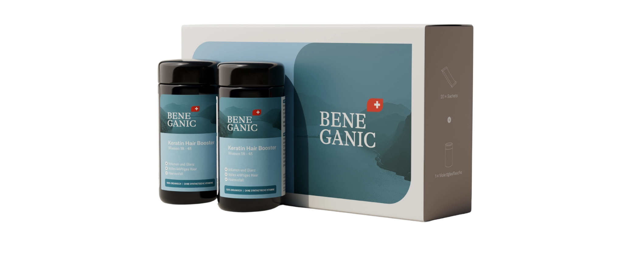The Beneganic 1-Month Reset System, showing the intensive drink sachets, keratin capsules and scalp serum