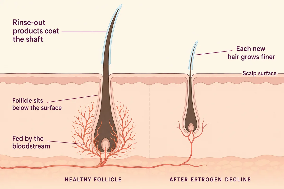 Diagram comparing a healthy hair follicle to one after estrogen decline, showing the follicle fed by the bloodstream below the scalp surface and each new hair growing finer