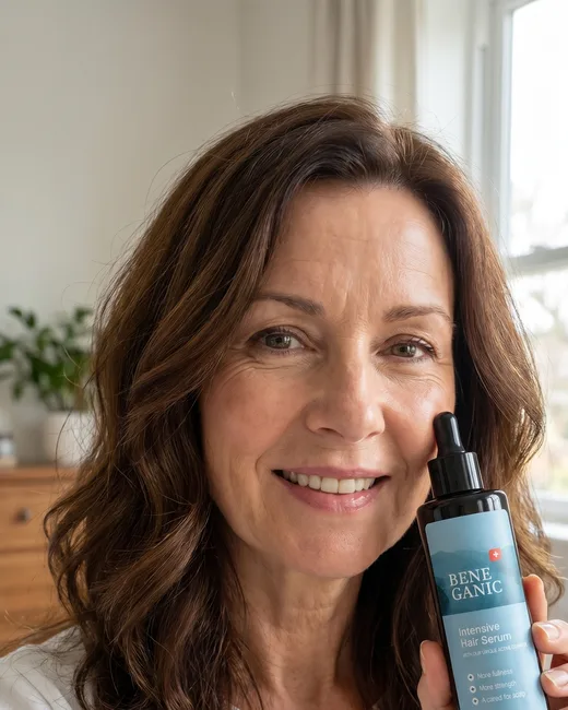 A woman in her fifties holding a bottle of Beneganic Intensive Hair Serum near her face