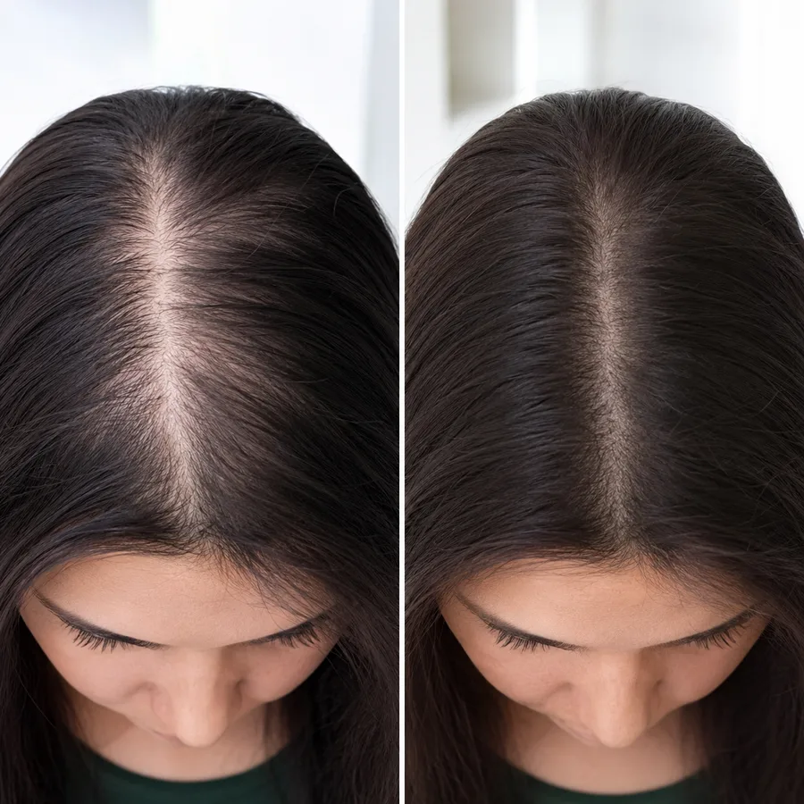Lauren S.'s part before and after using the Beneganic 1-Month Reset System, showing a fuller-looking part